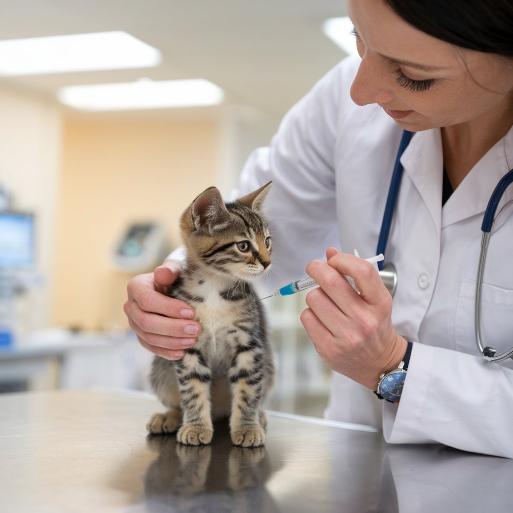 Bir kedi masada oturuyor ve bir doktor aşısını yapıyor